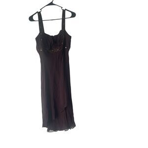 Jones New York Dress Y2k Size 10 Brown Chiffon 100% Silk Beaded Midi Dress